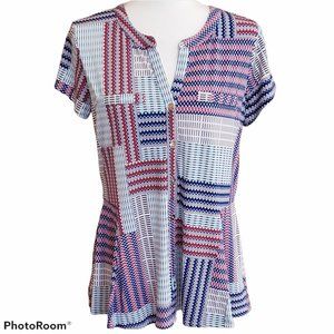 Red White & Blue Short Sleeve Patchwork Stripes Jersey Knit Blouse NEW